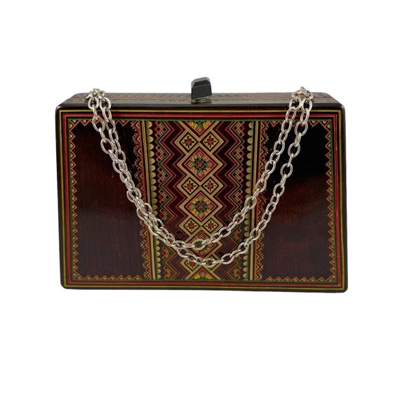Carved Wooden Box Purse Chain Handles Fabric Lined Vintage Tiki Boho Hippie - Picture 3 of 9